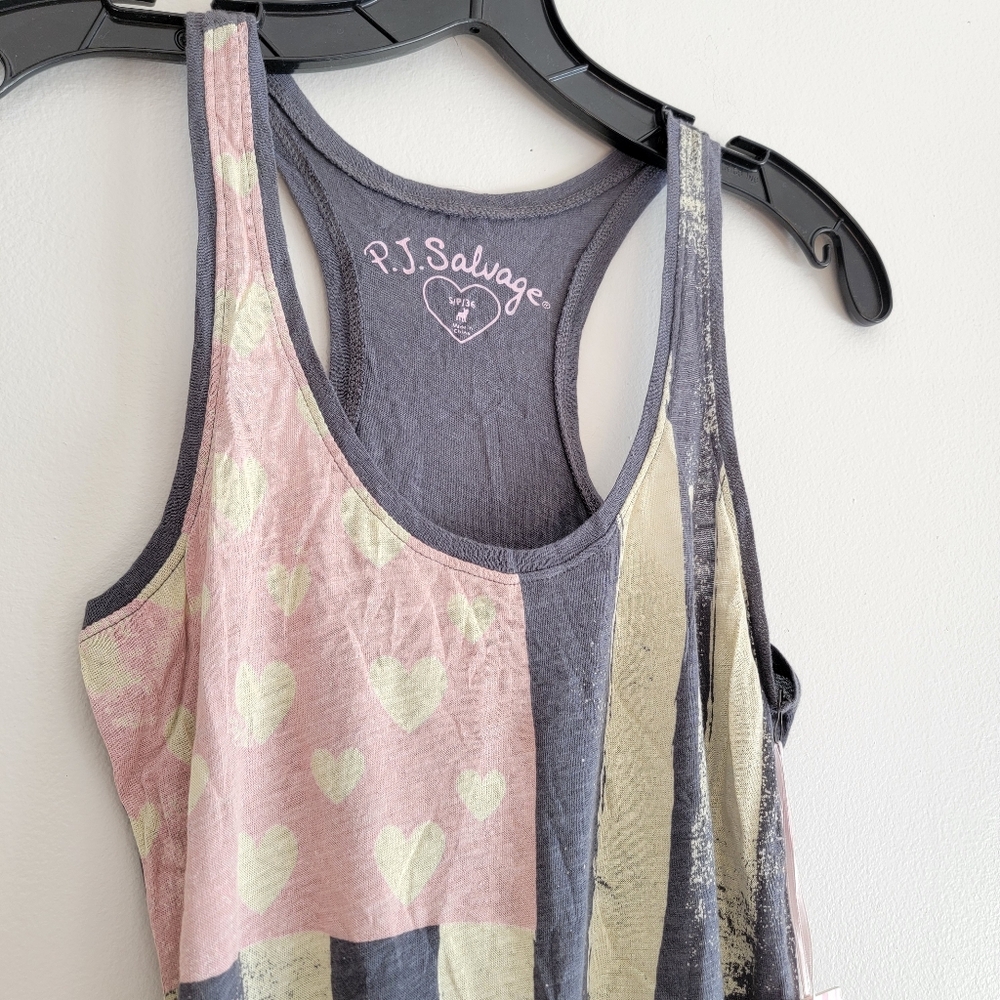 PJ Salvage Heart Stripe Racerback Tank Top Gray Cream Pink Tee Vintage Americana - Picture 2 of 11